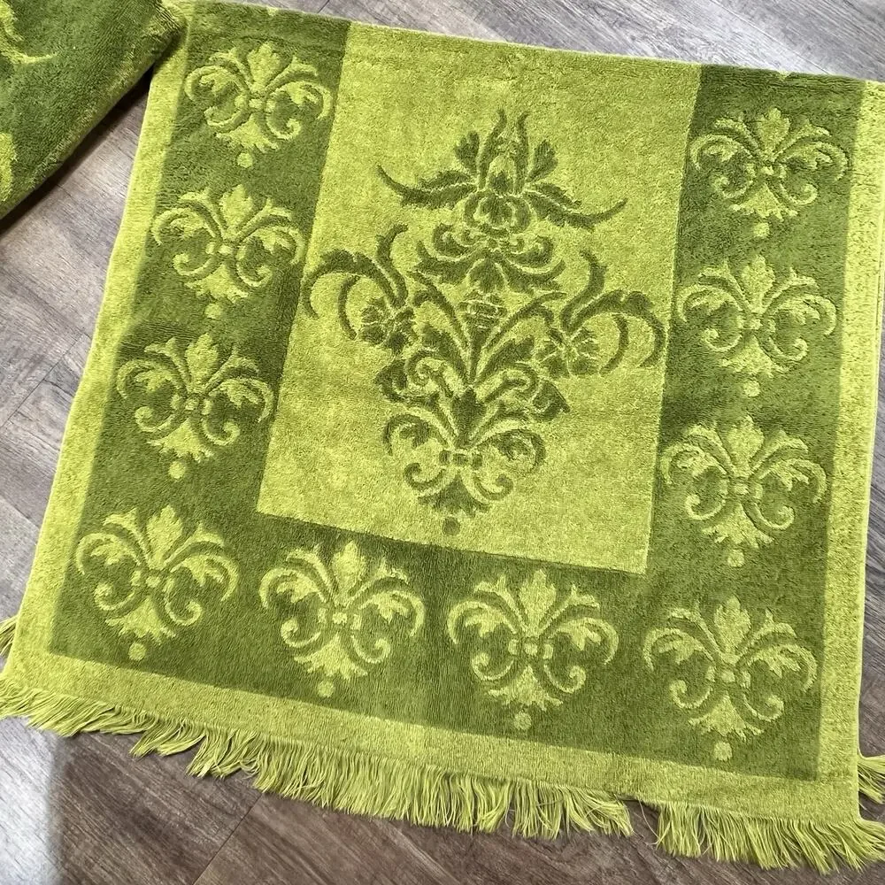 Vtg Fieldcrest Imperial Fleur De Lis Bath Towel Set Avocado Green MCM 6 Pc USA